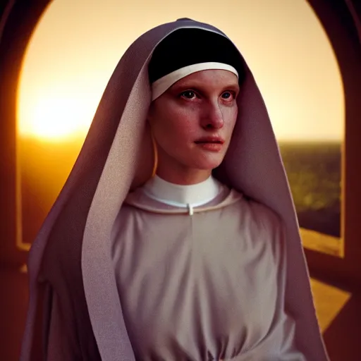 Prompt: photographic portrait of a stunningly beautiful renaissance nun female in soft dreamy light at sunset, contemporary fashion shoot, by edward robert hughes, annie leibovitz and steve mccurry, david lazar, jimmy nelsson, breathtaking, 8 k resolution, extremely detailed, beautiful, establishing shot, artistic, hyperrealistic, beautiful face, octane render
