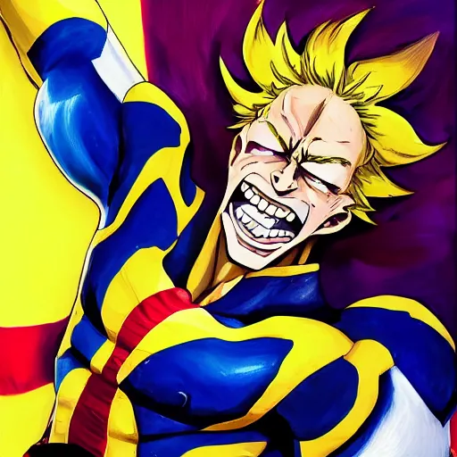 Image similar to an oil painting of a all might from my hero academia by artgerm, hero costume, middle ages, hd, hdr, ue 5, ue 6, unreal engine 5, third dimensional, 3 d, disney quality cinematic 4 k wallpaper, 8 k, ultra detailed, gta 5 cover art, comic book black shading, high resolution, artstation, award winning