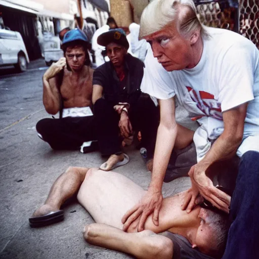 Prompt: Emaciated Donald Trump unconscious on skid row open air drug market overdose, 35mm, outdoors, kodachrome