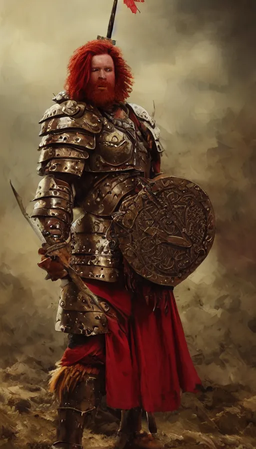 Image similar to bulky muscular scottish warrior with red hair and a kilt, tribal blood red war paintings on his chest, bronze plate armor, 4 k oil on linen by wlop, artgerm, andrei riabovitchev, nuri iyem, james gurney, james jean, greg rutkowski, highly detailed, soft lighting 8 k resolution