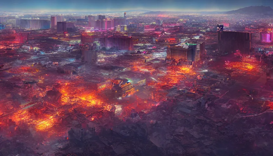 Prompt: Digital painting of destroyed Las Vegas, wide angle, volumetric light, hyperdetailed, artstation, cgsociety, 8k