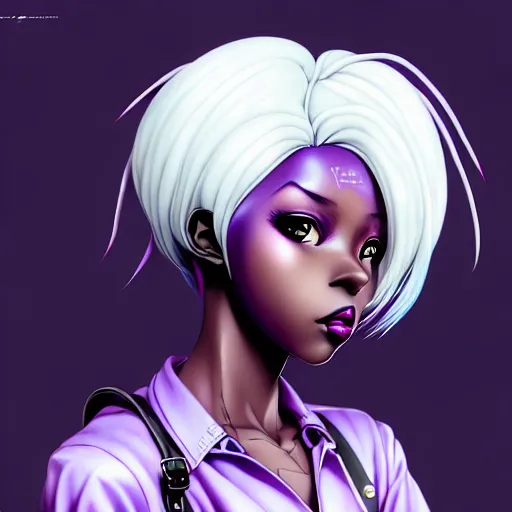 Prompt: portrait of a black anime manga girl, french bob hair, white hair, purple colored eyes, by artgerm, james jean, tom bagshaw, gerald brom, vaporwave colors, lofi colors, vaporwave, lofi, goth vibe, 4 k, smooth, hd, substance designer render, full body character concept art, symmetrical, 2 point lighting,