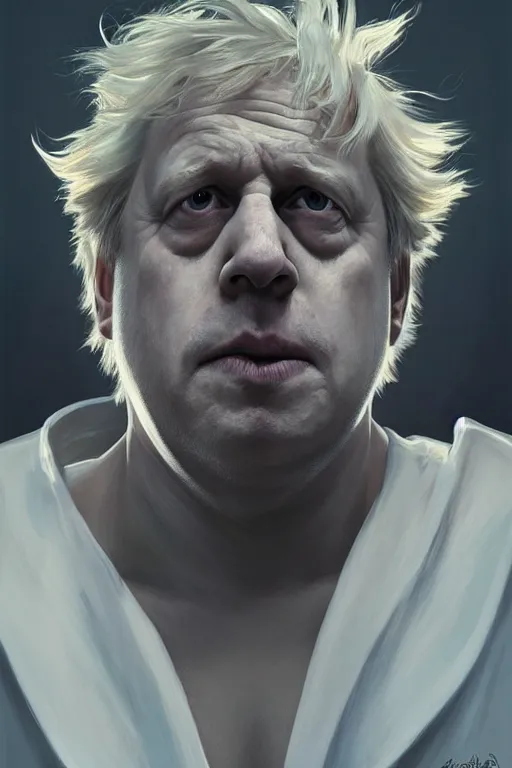 Image similar to Boris Johnson as Rick Sanchez, one eyebrow, white robe, big eyes, 2d portrait, symmetrical, highly detailed, digital painting, artstation, concept art, smooth, sharp focus, illustration, cinematic lighting, art by artgerm and greg rutkowski and alphonse mucha