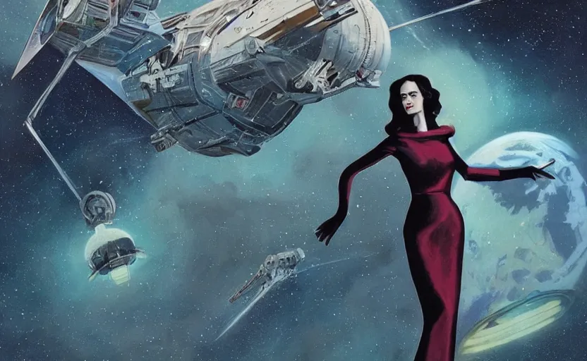 Image similar to Eva Green as a stunning , beautiful retro SCI-FI space heroine 1985 , star ship taking off in the background on the left side , movie poster, intricate, elegant, highly detailed, centered, digital painting, trending on artstation, concept art, smooth, sharp focus, illustration, art by raphael lacoste ,eddie mendoza ,alex ross, WLOP