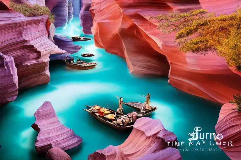 Image similar to floating markets of times square on new york on waters flowing down gold travertine terraces in royal blue antelope canyon during sakura season on an interstellar aurora borealis, pink waterfalls, vendors, festivals, fun, by peter mohrbacher, james jean, james gilleard, greg rutkowski, vincent di fate, rule of thirds, octane render, beautiful landscape