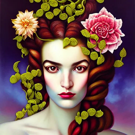 Image similar to dynamic composition, a painting of woman with hair of ( summer flowers )!! and vines wearing ornate earrings, ornate gilded details, a surrealist painting by tom bagshaw and jacek yerga and tamara de lempicka and jesse king, featured on cgsociety, pop surrealism, surrealist, dramatic lighting, wiccan, pre - raphaelite