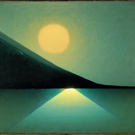 Image similar to mt elbrus, arkhip kuindzhi painting, moon light, teal palette, christian mysticism