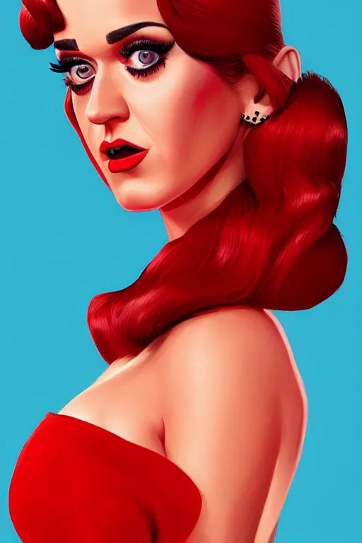 Prompt: katy perry in a red dress, realistic portrait, symmetrical, highly detailed, digital painting, artstation, concept art, smooth, sharp focus, illustration, cinematic lighting
