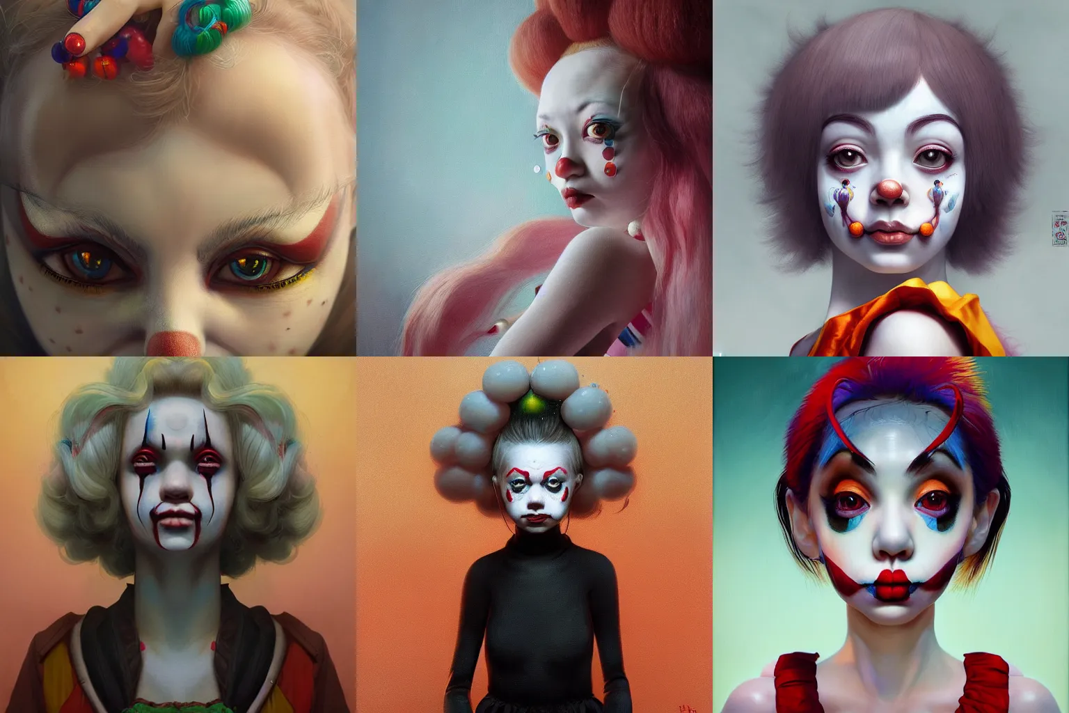 Image similar to breathtaking detailed painting of clown girl , with anxious, piercing eyes, Atari game cover art by Hsiao-Ron Cheng, James jean, Miho Hirano, Hayao Miyazaki, extremely moody lighting, hyperrealistic, octane render, RPG portrait, ambient light, dynamic lighting