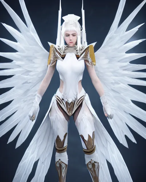 Image similar to perfect white haired attractive egyptian goddess with huge white dove wings, warframe armor, beautiful, symmetric, miley cirus, half asian, pretty face, blue eyes, detailed, scifi platform, laboratory, experiment, 4 k, ultra realistic, epic lighting, android body, illuminated, cinematic, masterpiece, art by akihito tsukushi, voidstar