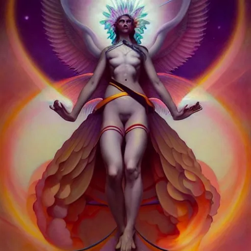 Image similar to psychedelic angelic celestial being artwork of peter mohrbacher, frank xavier leyendecker, energy body, sacred geometry, esoteric art, divinity detailed, saturated colors,