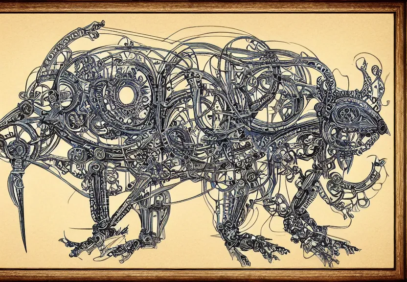 Image similar to schematic blueprint of highly detailed ornate filigreed convoluted ornamented elaborate cybernetic rat, wooden frame with fold leaf, art by da vinci