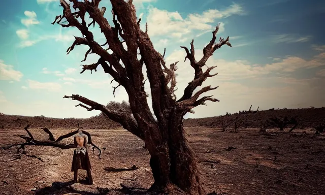 Image similar to medium shot of a nondescript crying ancient dried up Danu, peaceful, facing the camera and standing in front of a dried up river in a desolate land, dead trees, blue sky, hot and sunny, highly-detailed, elegant, dramatic lighting, artstation, 4k, cinematic landscape, photograph by Elisabeth Gadd
