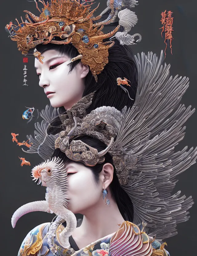 Prompt: 3 d goddess close - up profile portrait with crown, ram skull. beautiful intricately detailed japanese crow kitsune mask and clasical japanese kimono. betta fish, jellyfish phoenix, bio luminescent, plasma, ice, water, wind, creature, artwork by tooth wu and wlop and beeple and greg rutkowski