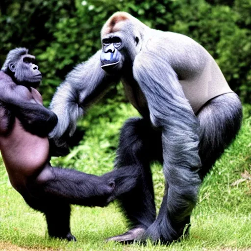 Prompt: a silverback gorilla beating up a nun