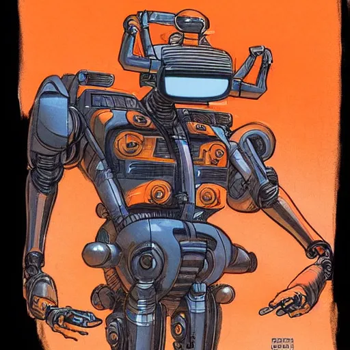 Image similar to mechanic with robot legs. orange and black color scheme. concept art by james gurney and mœbius.