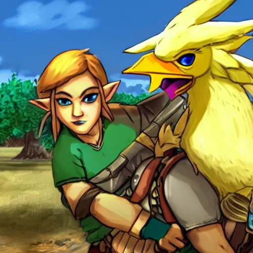 Image similar to legend of zelda link riding an amoured chocobo