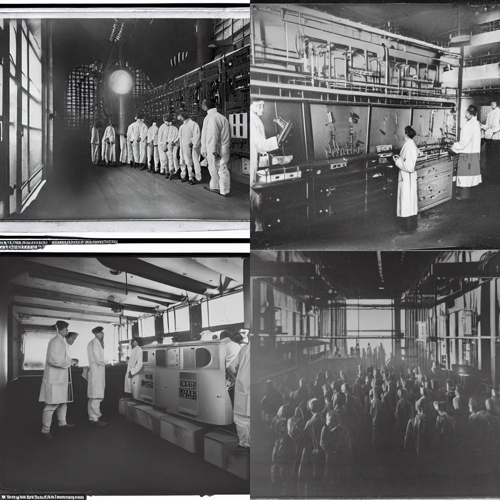 Prompt: daguerreotype photo of technicians in labcoats looking at the gagues inside the art deco inspired control room A of the Battersea Power Station