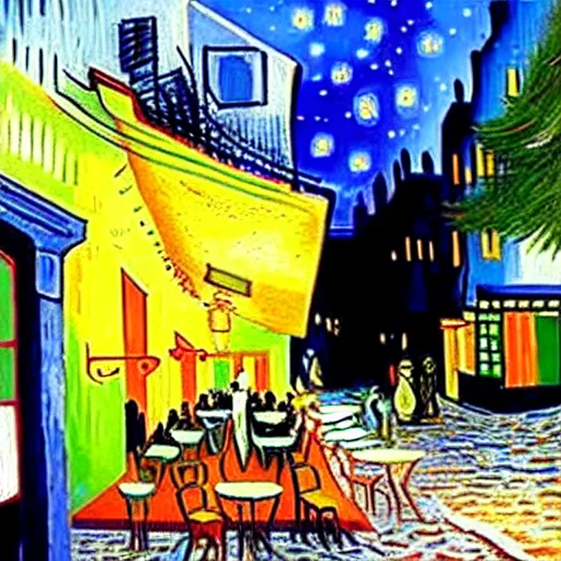 Prompt: Realistic version of Cafe Terrace at night by Vincent Van Gogh