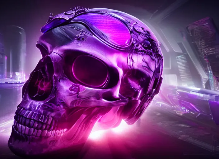 Image similar to a futuristic skull with glowing eyes and a purple background, cyberpunk art by android jones, behance contest winner, computer art, darksynth vaporwave, rendered in cinema 4 d