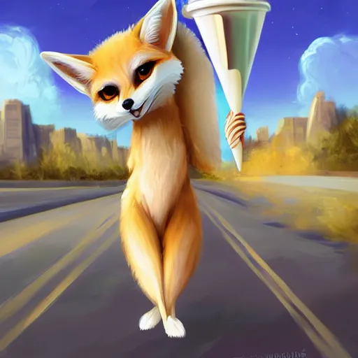 Prompt: furry art of female fennec fox walking down the street holding an icecream cone, digital art, artstation, 4K, detailed, detailed fur, big anime eyes, wearing yellow hoodie, detailed face, anthromorphic,