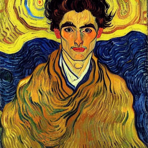 Image similar to painting of handsome beautiful dark medium wavy hair man in his 2 0 s, dressed as an oracle, looking upward to the heavens above, slight smile, foreseeing the future, elegant, clear, painting, highly stylized, art by vincent van gogh, egon schiele