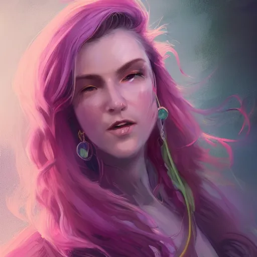 Prompt: portrait painting of a 2 8 years old rugged woman joyful flirtatious pirate long hair soft hair flowing hair upper body coat elegant rugged pretty unreal render cinematic lighting art 1 9 2 0 period drama by bussiere rutkowski andreas rocha, colors pink purple green blue