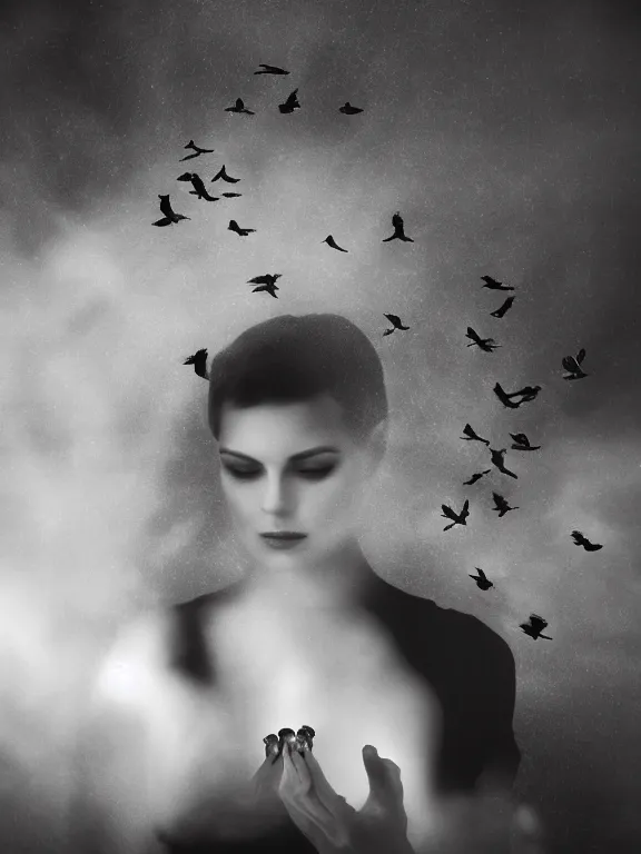 Image similar to portrait of iconic beautiful woman in sophisticated black dress keeping in hands white birds that flying apart turning to smoke and fire and dust. 35mm double-exposure photo, thick fog, daylight, deep shadows, depth of field, cinematic lightning, wide angel, eerie atmosphere, motion blur, HD, smooth and very detailed quality, masterpiece, volumetric lightning, chromatic aberration, Richard Avedon, style of Ade Santora, Tatiana Gorilovsky, cinematic composition, occult, german expressionism, masterpiece, intricate detailed, deep rich palette, wide angel shot