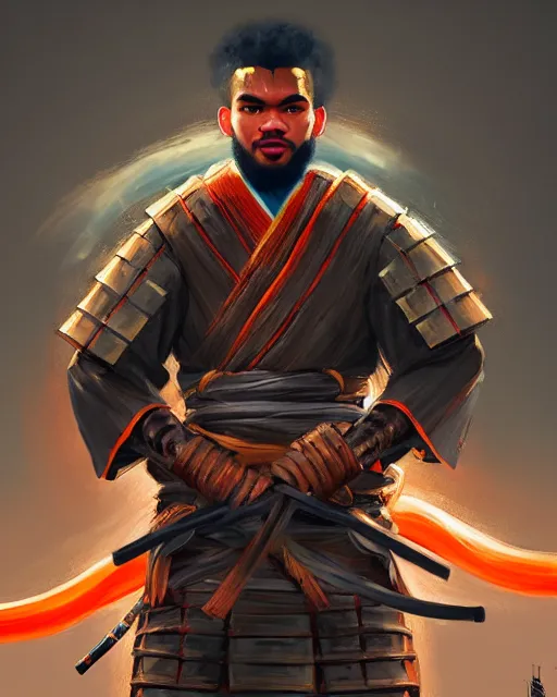 Prompt: portrait of karl - anthony towns as a ronin samurai, wearing a haori, by wlop and peter mohrbacher, dramatic action pose, extremely detailed shading, concept art, digital painting, trending on artstation, atmosphere, glow, cinematic lighting, full of color