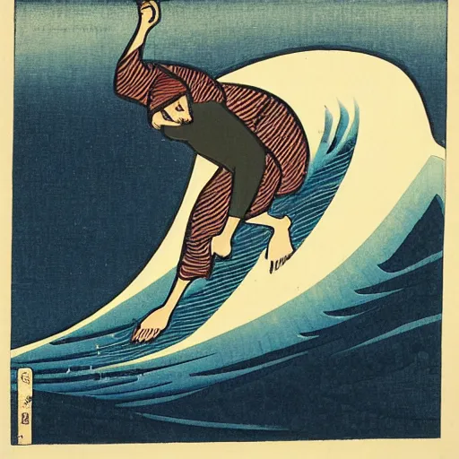 Image similar to man surfing, woodblock print, style of hokusai, fine art, style of kanagawa, painting