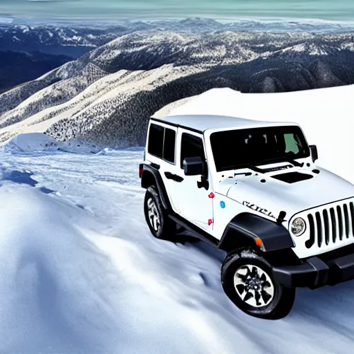 Prompt: white jeep wrangler driving up steep snowy mountain on edge of a cornice, high quality digital art, dramatic lighting, cinematic