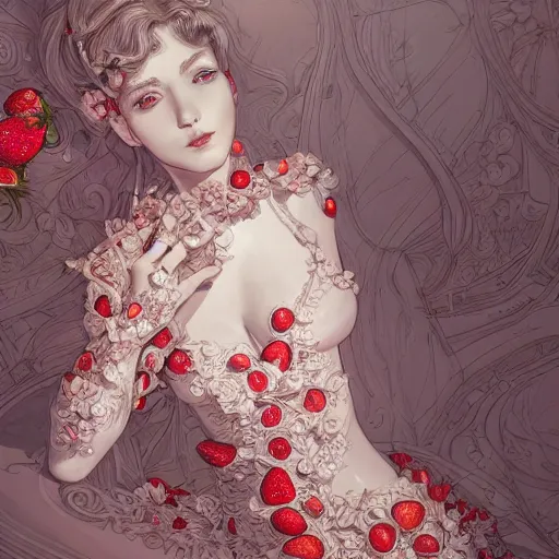 Image similar to the portrait of an absurdly beautiful, graceful, elegant, sophisticated, fashionable woman made of strawberries and white petals looking down, an ultrafine hyperdetailed illustration by kim jung gi, irakli nadar, intricate linework, bright colors, octopath traveler, final fantasy, unreal engine 5 highly rendered, global illumination, radiant light, detailed and intricate environment