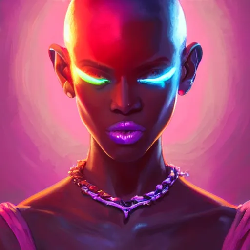 Image similar to african neon necromancer, science fiction, highly detailed, digital painting, beautiful eyes, symmetry, concept art, sharp focus, illustration, global illumination, radiant light, synthwave colors, detailed and intricate environment, art by artgerm and greg rutkowski and magali villeneuve and ilya kuvshinov!