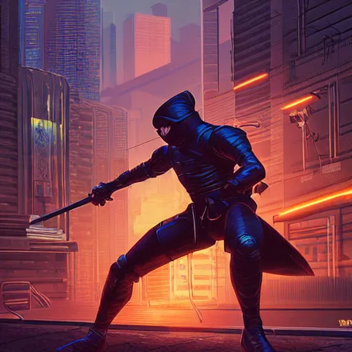 Prompt: ninja cyborgs katana duel in cybercity, golden hour, poster by michael whelan and gilbert williams and evgeny lushpin and artgerm and alena aenami, 3 0 mm, well proportioned, highly detailed, rule of thirds