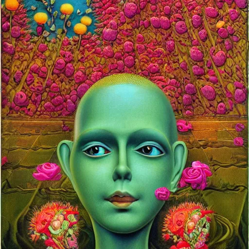 Image similar to Michael Hutter, award winning masterpiece with incredible details, Michael Hutter, a surreal vaporwave vaporwave vaporwave vaporwave vaporwave painting by Michael Hutter of an old pink mannequin head with flowers growing out, sinking underwater, highly detailed Michael Hutter