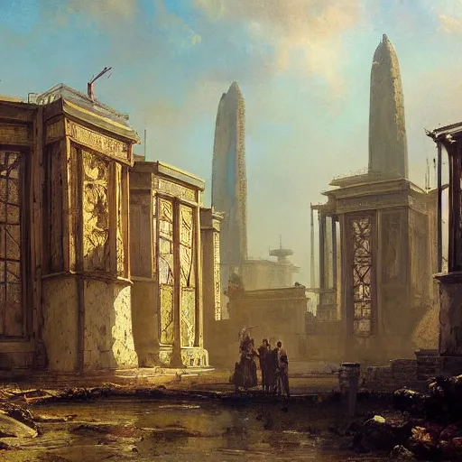 Prompt: painting of a scifi ancient civilzation victorian, brutalist architecture, beon signs, andreas achenbach