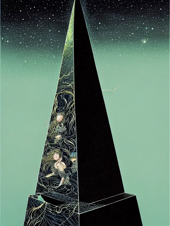 Prompt: black electric flames of silver engulfing an obsidian obelisk by victo ngai and karol bak, rococo, smoky, highly detailed, hyperrealistic, energy, low light, high contrast, bright sky