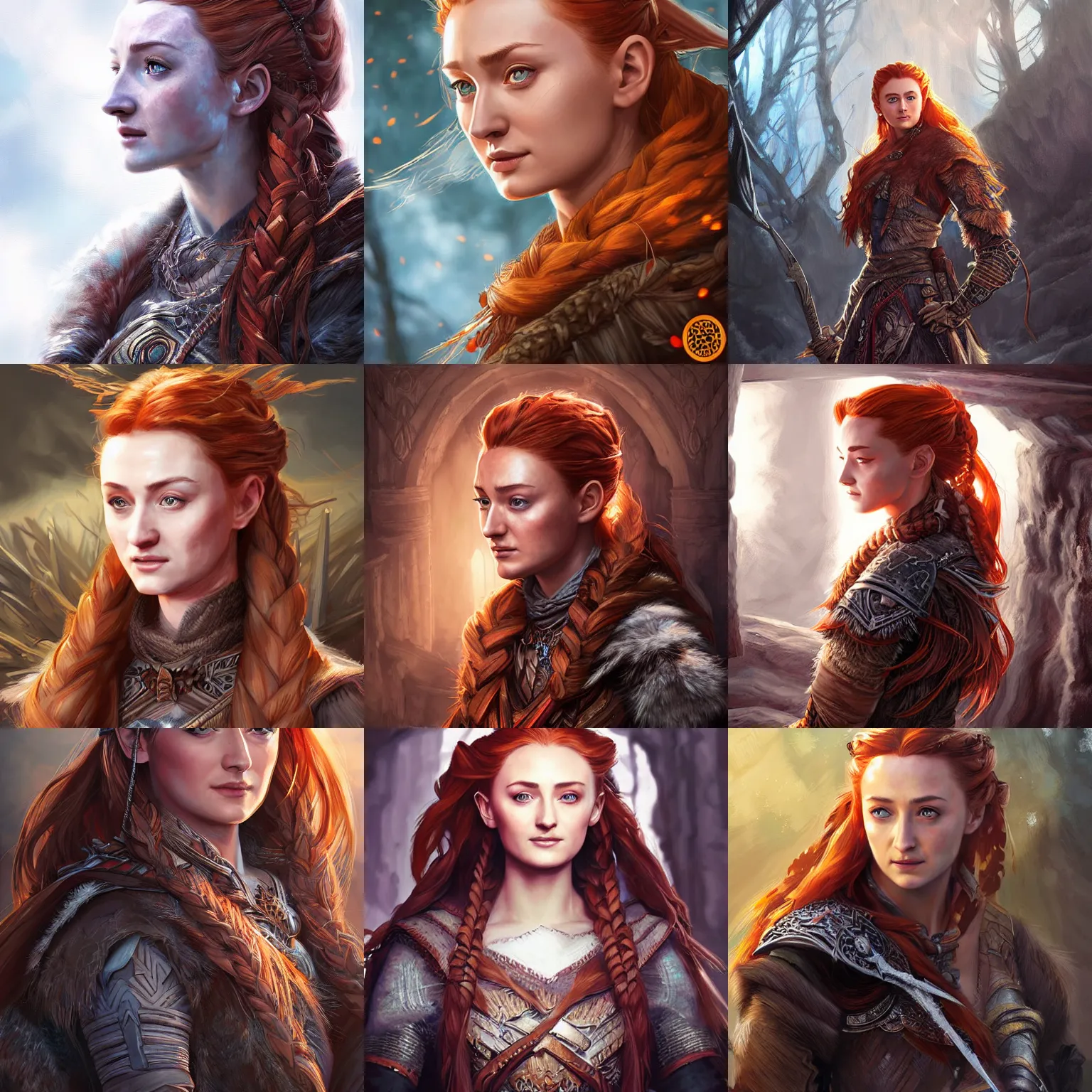 Prompt: a painting of sansa stark as aloy by artgerm and ross tran, highly detailed digital art, intricate environment, atmospheric lighting, deviantart