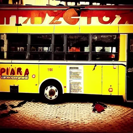 Prompt: “a bus crashes in a pizzeria”