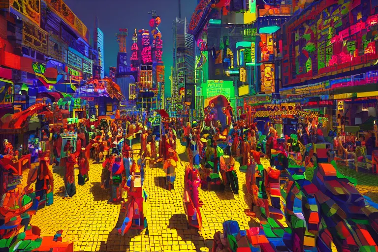 Prompt: Carnival, very highly detailed face's and body's. Voxel art by Caravaggio, cyan dimensional light, Details by Caravaggio, Cyberpunk city as Background by Hiromasa Ogura