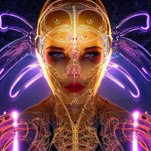 Prompt: very beautiful woman integrating with technology, full face frontal centered, portrait, insipiring, detailed intricate ornate neon pulsating cables connected to head, laser eyes, luxurious detailed abundent wiring and implants, gold, renaissance, sci - fi, detailed technology background with cyber flowers and insects, dramatic lighting, photography, highly detailed, artstation, 8 k,
