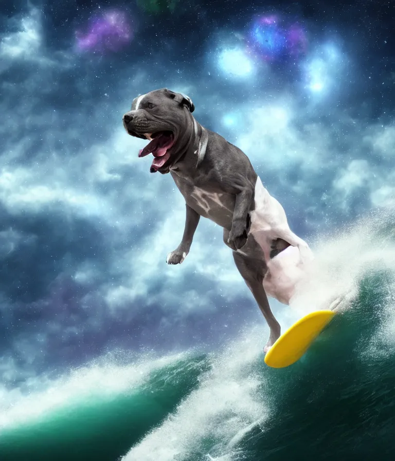 Image similar to photo of a dark gray coat pit bull with a white paws and a white nose!, surfing on a surfboard in a crashing wave of alien galaxy, trending on art station, ocean in space, background is an alien galaxy, aliens in the background, alien colors, octane render, unreal engine, wide view, 8 k, highly detailed