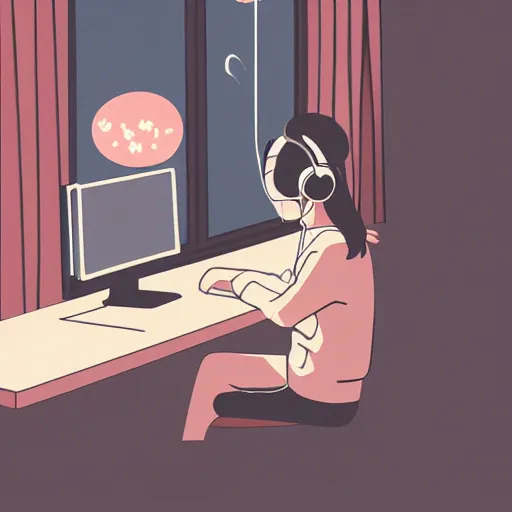 Image similar to illustration of female japanese student in profile, sat at her desk, her face lit by the computer screen, wearing headphones, japan, window, tokyo, neon lights outside , Hayao Miyazaki