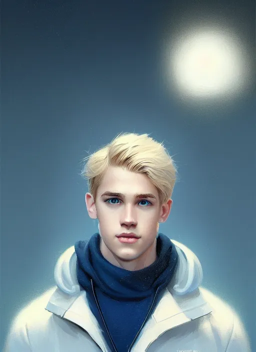 Image similar to portrait of young kevin keller with blonde hair, blonde hair, blue eyes, defined jawline, intricate, elegant, glowing lights, highly detailed, digital painting, artstation, concept art, smooth, sharp focus, illustration, art by wlop, mars ravelo and greg rutkowski