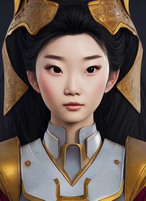 Prompt: Mulan wearing sculpted textured armor, close-up of the front of the face, super sophisticated texture, enhanced noise, by Guweiz and loish, split lighting, 4K resolution, symmetric, clear facial features, Unreal Engine 5,