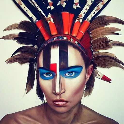 Image similar to a beautiful portrait sculpture designed by Sandra Chevrier, tribal head dress, American stars and stripes on face, by Annie Leibovitz