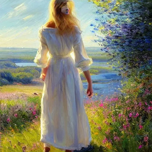 Image similar to blonde woman, dress, swedish countryside, archipelago, morning, masterpiece, highly detailed, beautiful, atmospheric, impressionism, painting by Vladimir Volegov