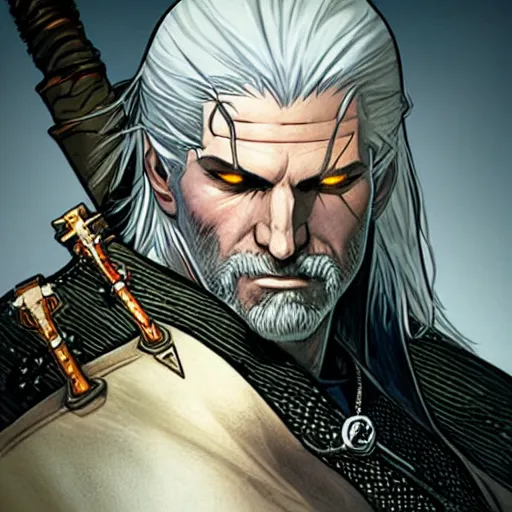 Prompt: geralt form witcher by RANGE MURATA and mucha