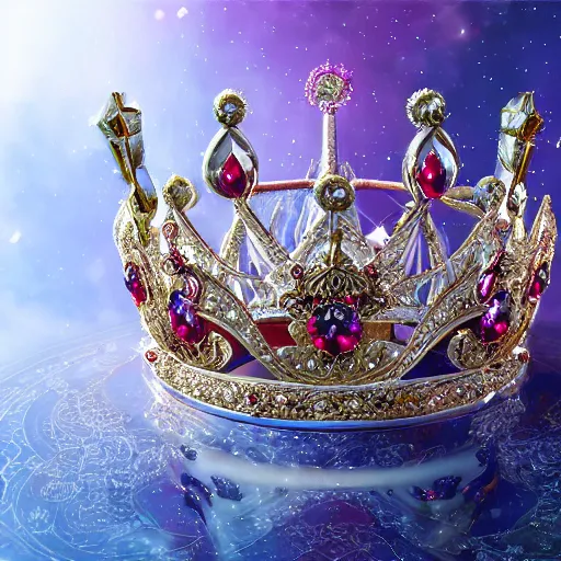 Prompt: a beautiful photorealistic queen's crown design made of platinum glowing in sparkles with heavenly notes neo rococo, diamond and ruby, highly detailed sailor moon aesthetic, fantasy, intricate, elegant, highly detailed, digital painting, artstation, concept art, matte, sharp focus, illustration, in the style of aetherpunk