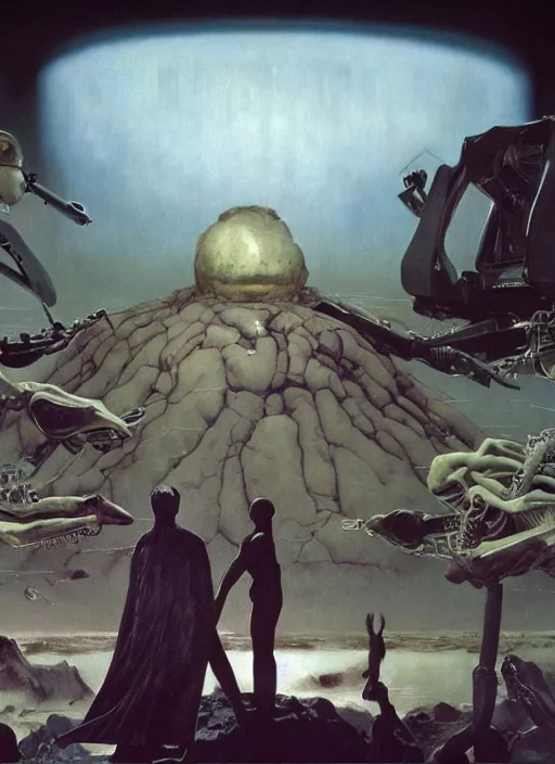 Image similar to hyper realistic high quality scene of the end of the world by francis bacon and zdzisław beksinski and norman rockwell and greg rutkowskiweta studio, tokyo futuristic in background, and lucasfilm, still from the movie armageddon in the style of c. leyendecker, realm of the ovarian machine, horror art, the darkest hour